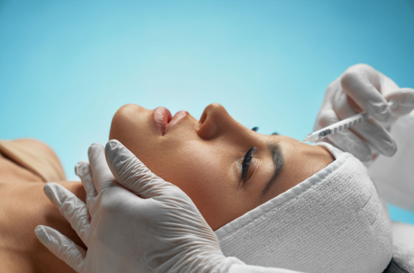 Profissional realizando aplicação de bioestimulador para estimular colágeno e melhorar a qualidade da pele durante procedimento de rejuvenescimento facial.